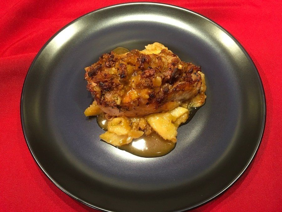 Stuffed Pork Chops with Apple Compote and Black Pepper Cider Sauce